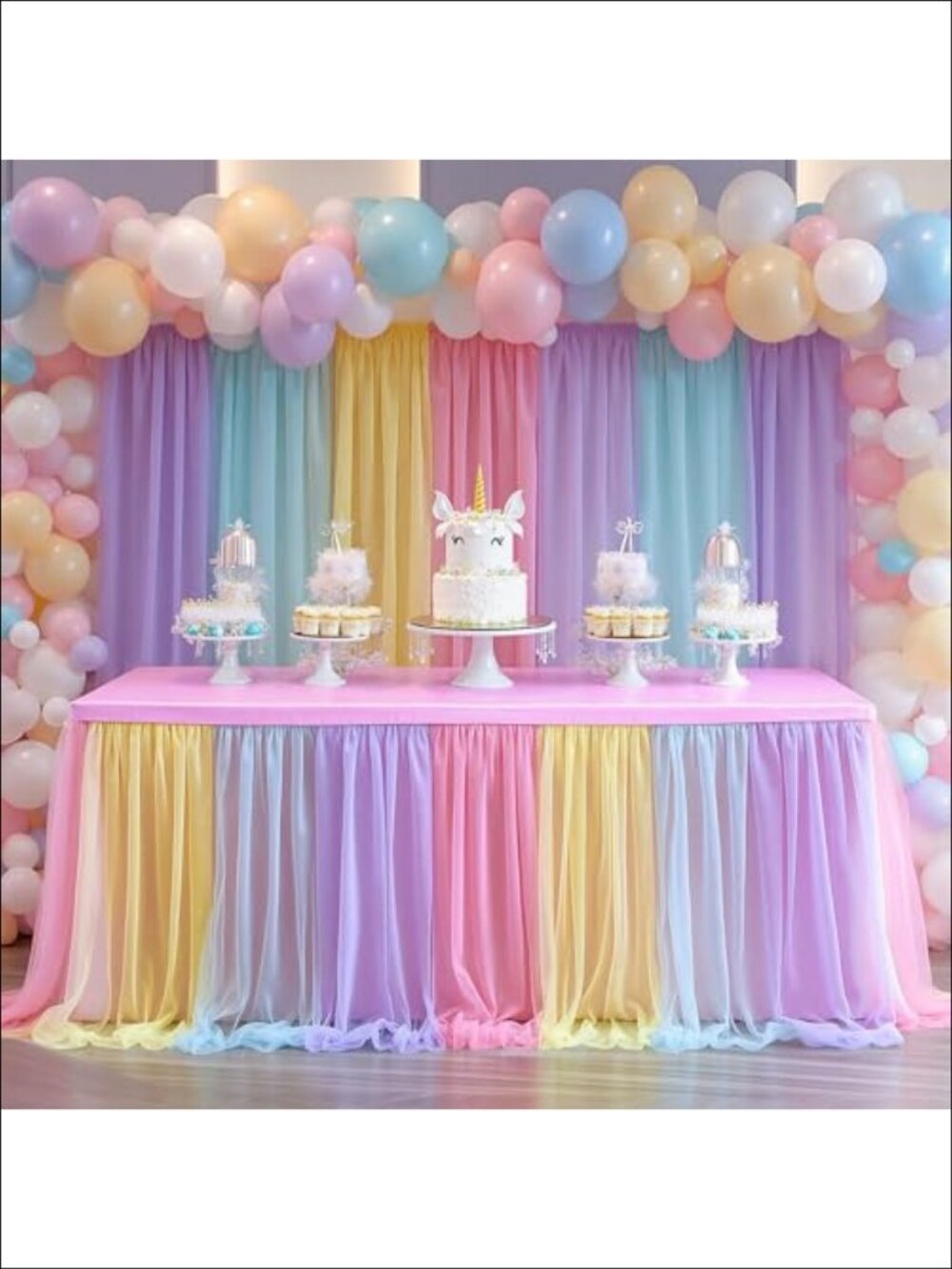 Rainbow Tulle Tablecloth 6ft Rectangle Table Skirt Ruffled Stretch Cover Party